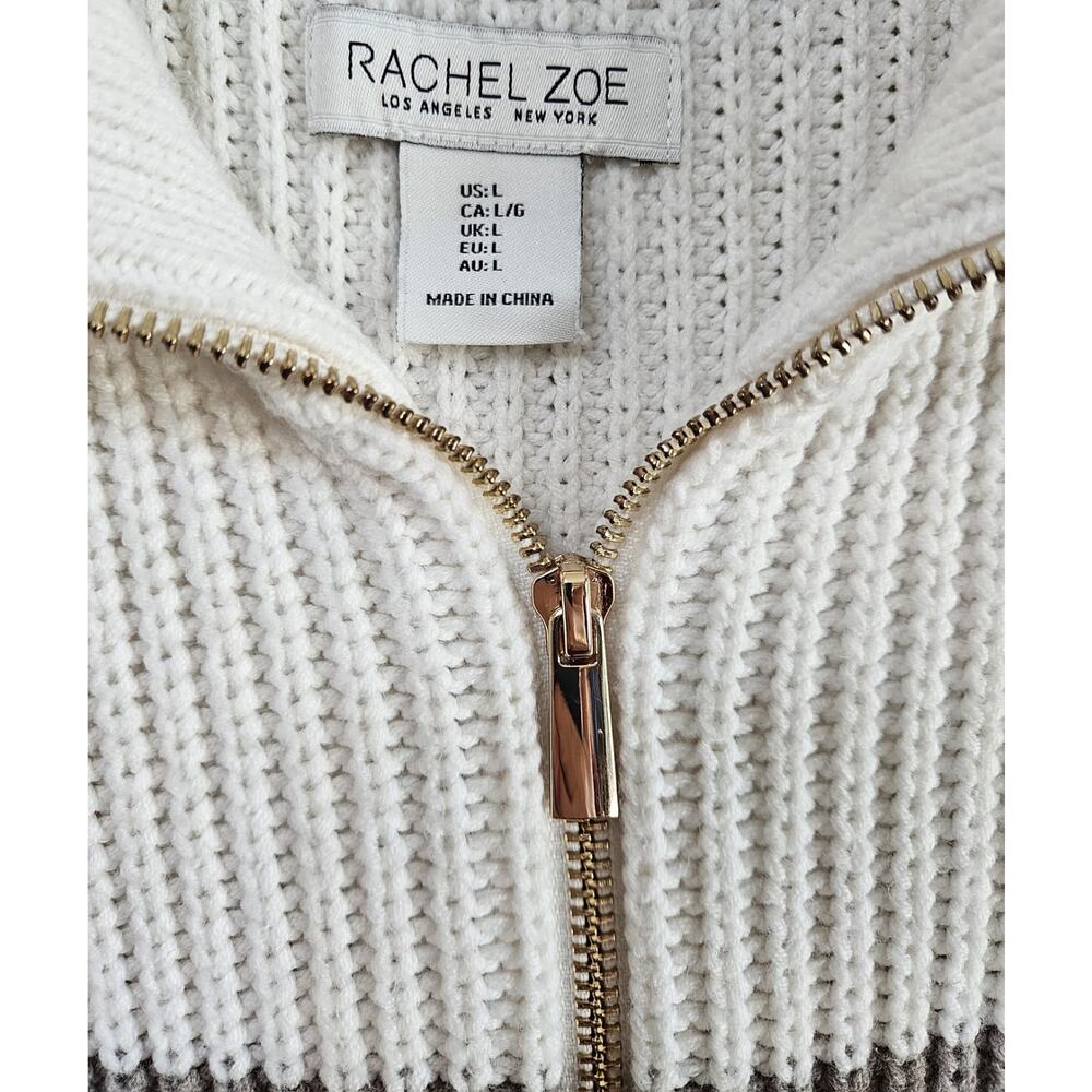 RACHEL ZOE Women's L Sweater Vest 1/4 Zip Ivory Taupe Striped Gold Hardware 38" - Picture 4 of 8